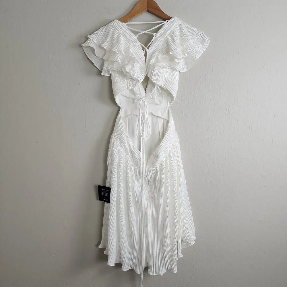Lulus Captivating Delight White Plisse Satin Mini Dress - Lace-Up Bridal NWT M - Picture 11 of 14